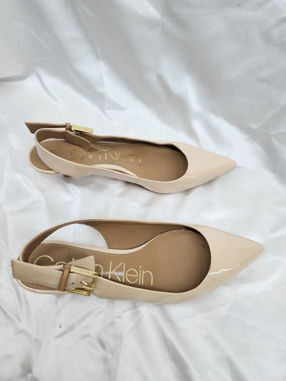 Calvin Klein Beige Patent Pointed Slingback Flats